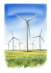 Watercolor painting of wind turbines in a field with a clear blue sky. Symbolizes renewable energy, sustainability, nature, technology, and environment