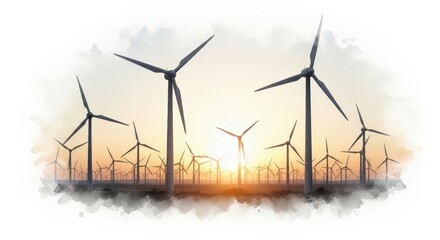 A scenic landscape of wind turbines during sunset, symbolizing sustainable energy, environment, clean power, and technological progress