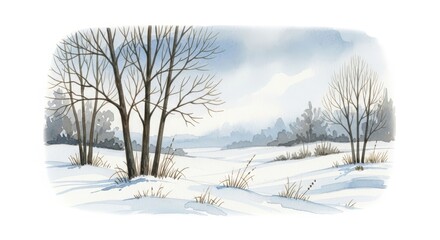 Watercolor illustration of a winter landscape featuring snow covered ground and trees