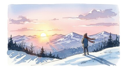 A person standing in a snowy landscape, looking at a sunset over mountains