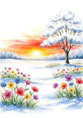 A watercolor painting of a winter landscape. Snowy field with flowers, sunset and a tree