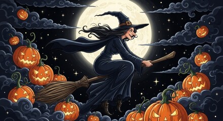 A witch flies on a broomstick, surrounded by pumpkins under the moonlight. Depicts Halloween, magic, fantasy, night, and autumn