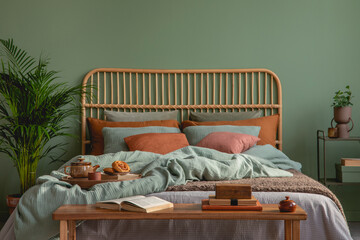 Elegant bedroom interior design with bamboo bed, modern bedclothes and stylish accessories. Eucalyptus wall. Template. Copy space.