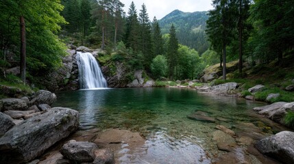 Lush Green Forest Waterfall with Crystal Clear Pool and Rocky Outcrops Under Bright Daylight