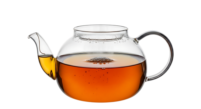 Glass teapot filled with amber tea and bubbles Keywords: teapot, tea, glass teapot, hot beverage
