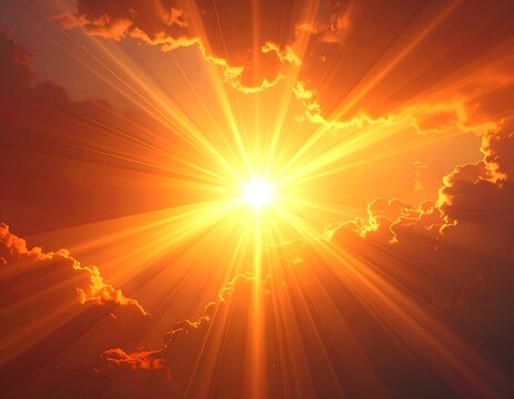 Bright sun rays burst through orange clouds at sunset