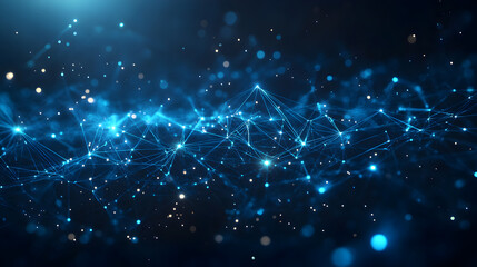 Abstract collage of interconnected lines on deep cosmic blue background, futuristic digital illustration symbolizing global data networks, cyberspace communication, and advanced hi-tech technologies.