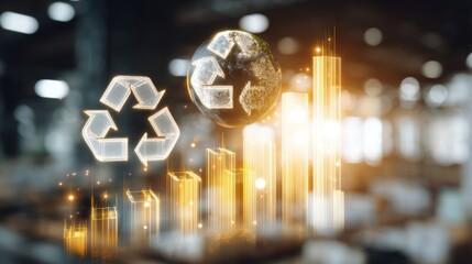 Conceptual illustration of recycling symbols with a globe and growth graphs representing sustainable development and environmental awareness