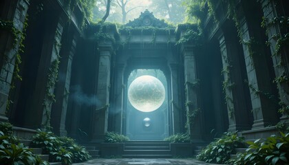 Ancient overgrown temple entrance with glowing orb and mystical atmosphere