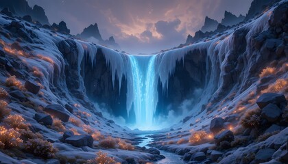 Frozen waterfall in icy canyon with glowing plants
