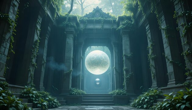 Ancient overgrown temple entrance with glowing orb and mystical atmosphere