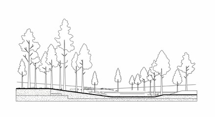 Detailed botanical illustration of a wetland area showcasing trees and landscape
