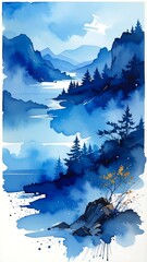 Misty mountain vista in shades of blue