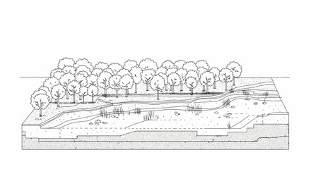 Detailed schematic drawing of a forest cross section, with soil layers and trees