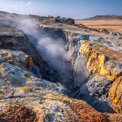 Steaming fumaroles emitting vapor from a rocky, cracked landscape with colorful mineral deposits under a clear blue sky.
