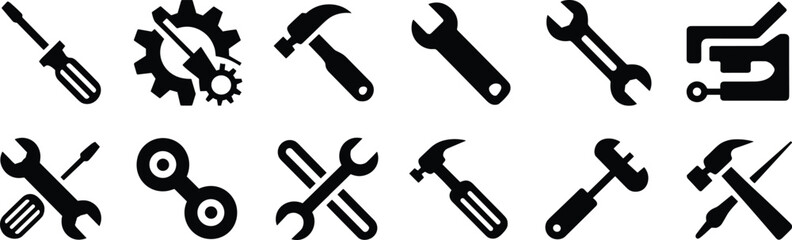 Vector illustration set of hand tools including screwdriver, wrench, hammer, spanner, gear, and maintenance icons for construction and repair