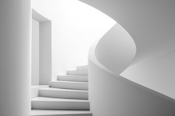 Fototapeta premium White spiral staircase, curved walls, minimalist style interior design of modern home architecture.
