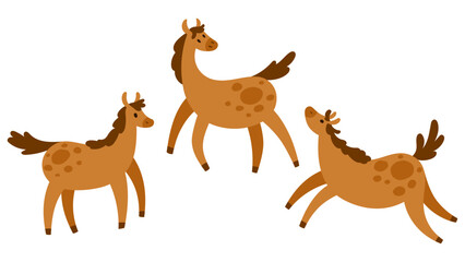 Set of happy cute dappled chestnut horses in different poses in simple flat style, isolated on white. Suitable for kids content, farm themes, and animal projects
