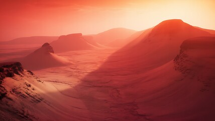 Ethereal desert landscape with red sand dunes and a warm, hazy sunset glow image photo