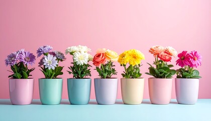A row of potted flowers in various colors, displayed against a contrasting pink and teal backdrop. Each pot is filled with blooming plants