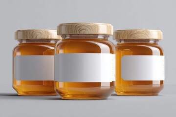 Three glass honey jars with wooden lids and blank labels against a gray background