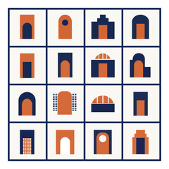 A grid of 16 abstract architectural elements, featuring various stylized doors and arches in a minimalist geometric design with navy blue and burnt orange colors on a