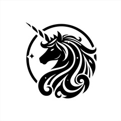 Stylized black unicorn head silhouette with flowing mane and stars