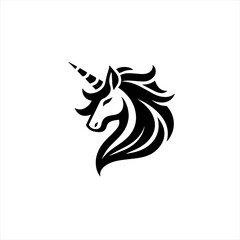 Stylized black unicorn head logo on a white background