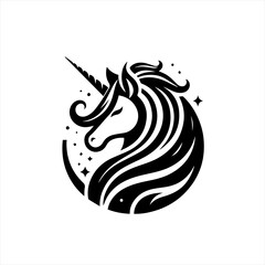 Elegant black unicorn head logo with swirling mane and stars