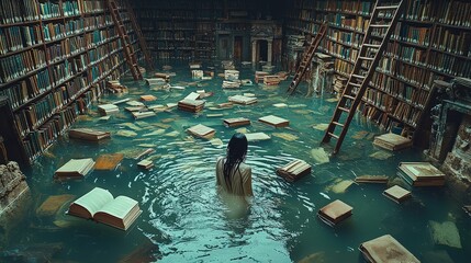 Surreal flooded library with woman standing in water among floating books and tall bookshelves