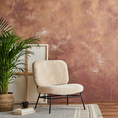 Modern living room interior composition with frotte armchair, plant and modern home accessories....