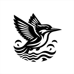 Stylized kingfisher bird in flight over water waves