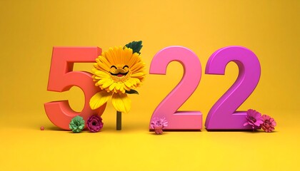 A colorful numerical design on a vibrant yellow backdrop. Digit "5" in red, the "2"s in pink and purple. A yellow flower with a smiley face replaces zero
