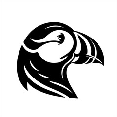 Stylized black and white puffin bird head logo design