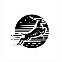 Stylized black silhouette of a gazelle leaping against a circular starry background