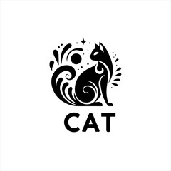 Stylized black cat with celestial elements and decorative swirls