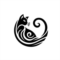 Stylized black cat silhouette with swirling tail and decorative patterns