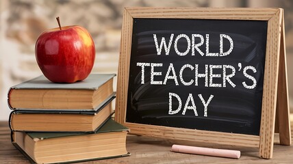 Celebrating world teachers day with an apple on books and chalkboard message acknowledging educators appreciation
