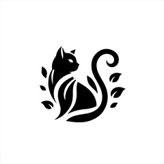 Stylized black cat silhouette with swirling leaves and vine elements