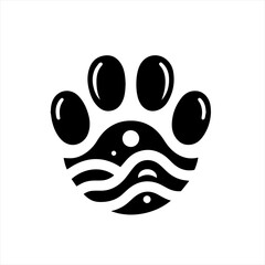 Black paw print with abstract water and fish design