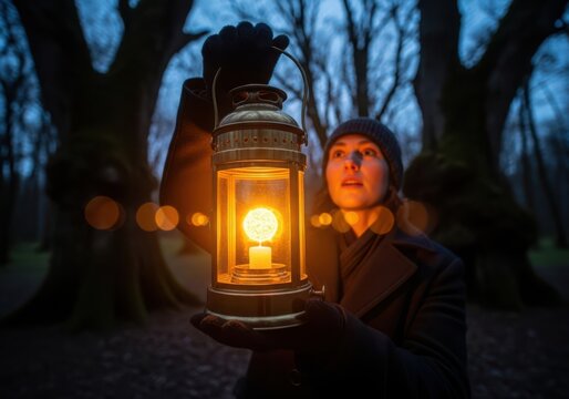 A person holding an old lantern in a dark forest at night, with trees in the background and bokeh lights