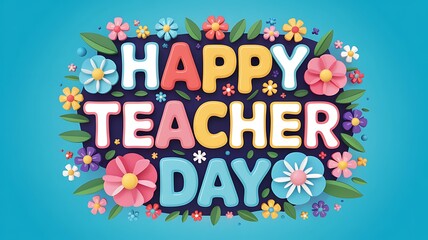 Colorful happy teacher day text surrounded by vibrant flowers and green leaves on a bright blue background