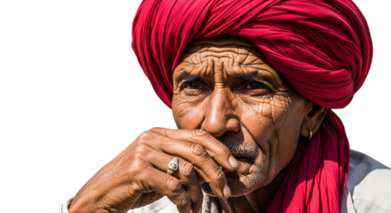 A compelling portrait of an elderly man in a vibrant red turban, his weathered face etched with time, conveying wisdom, cultural depth, and a moment of profound contemplation