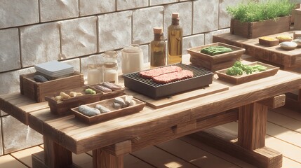 Dining table filled with grilled meats vegetables setup