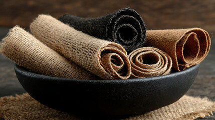 A dark bowl filled with several rolls of natural burlap and black textile fabric, showcasing rustic textures and earth tones.
