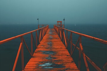 Naklejka premium Orange pier on dark water ocean