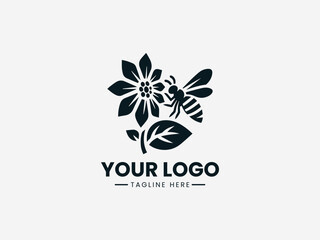 Elegant bee collecting nectar from detailed flower vector logo for organic garden brand identity