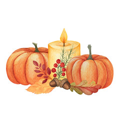 Watercolor composition of holiday pumpkins and a candle on a white background. Thanksgiving greetings, postcards, invitations, Halloween, and food packaging on an isolated white background