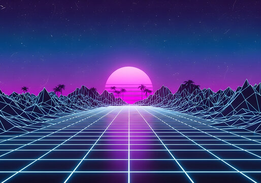 Retro Synthwave Grid Horizon with Glowing Pink Sun