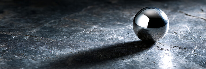 Shiny silver sphere resting on a dark, textured surface, reflecting light and casting a shadow, representing precision and focus.
